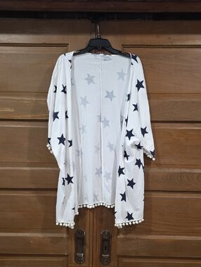 White Star-Print Kimono Tunic with Pom-Pom Trim